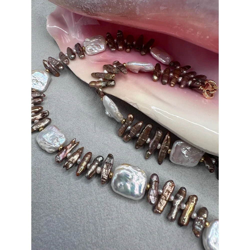 Handmade Freshwater Pearl Necklace: Biwa Stick and Square White Pearls